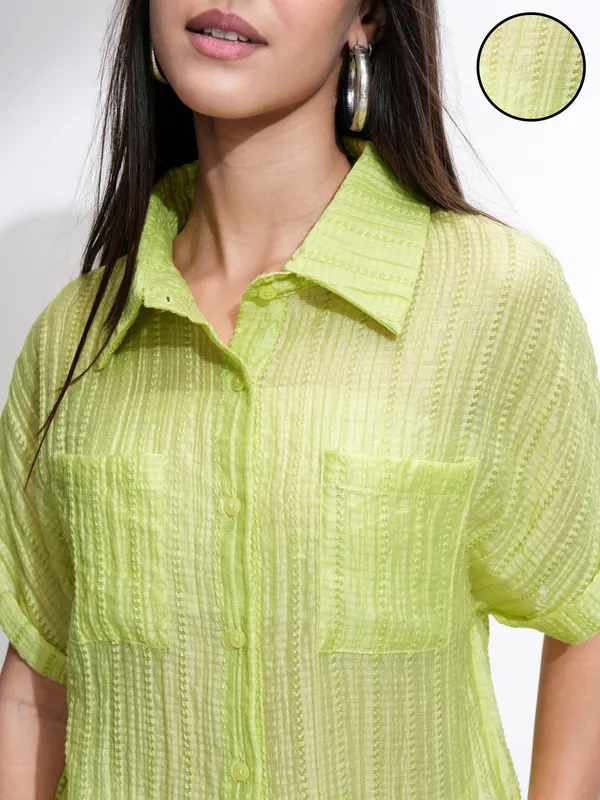 Tokyo Talkies Women Green Solid Regular Fit Casual Shirt