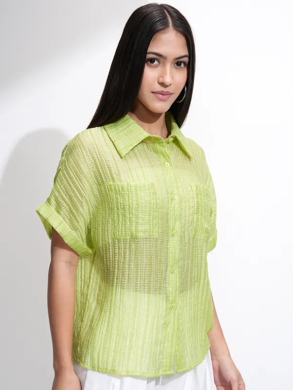 Tokyo Talkies Women Green Solid Regular Fit Casual Shirt