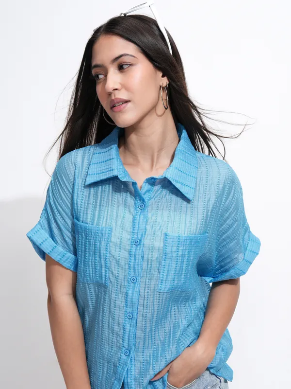 Tokyo Talkies Women Blue Solid Regular Fit Casual Shirt