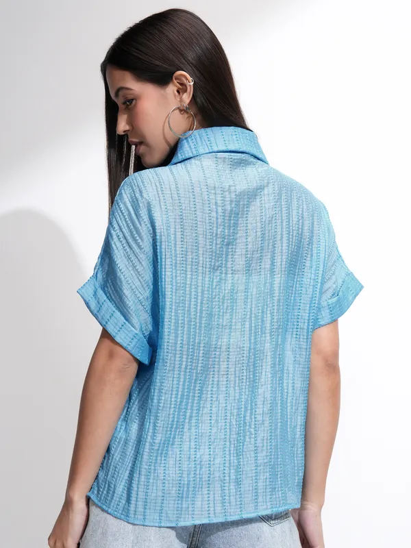 Tokyo Talkies Women Blue Solid Regular Fit Casual Shirt