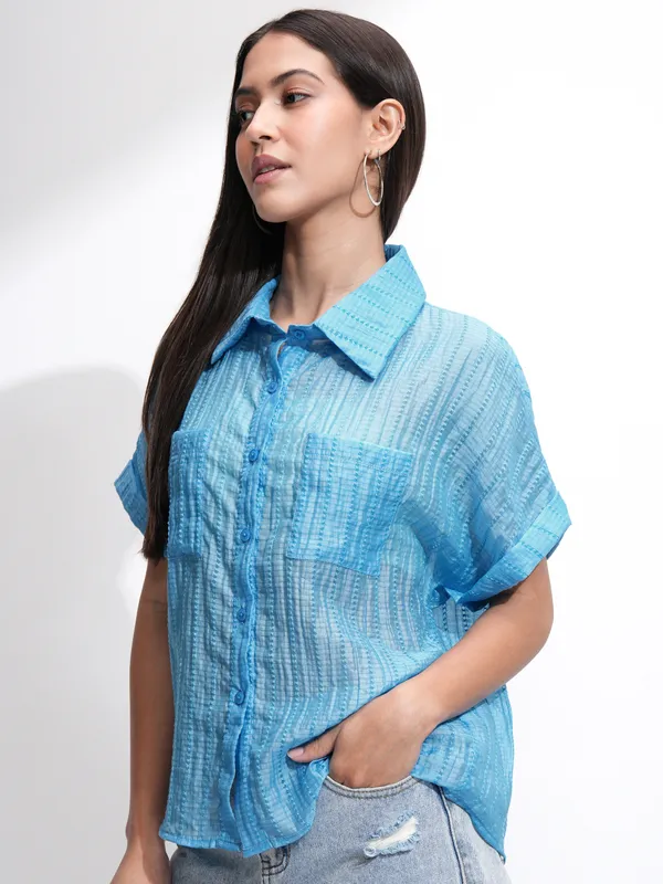 Tokyo Talkies Women Blue Solid Regular Fit Casual Shirt