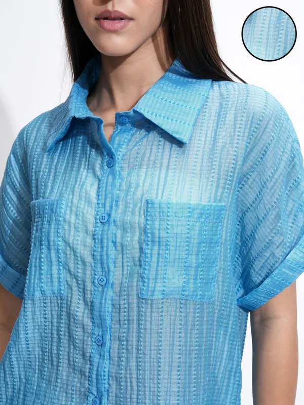 Tokyo Talkies Women Blue Solid Regular Fit Casual Shirt