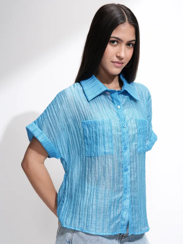 Tokyo Talkies Women Blue Solid Regular Fit Casual Shirt