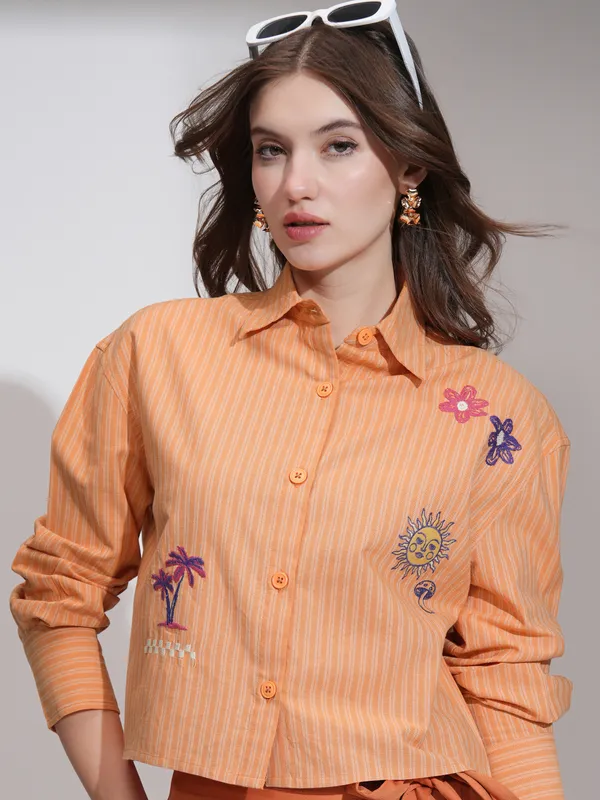 Tokyo Talkies Women Orange Self Design Boxy Casual Shirt