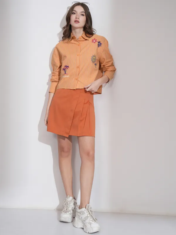 Tokyo Talkies Women Orange Self Design Boxy Casual Shirt