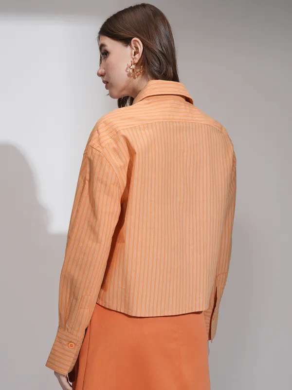 Tokyo Talkies Women Orange Self Design Boxy Casual Shirt