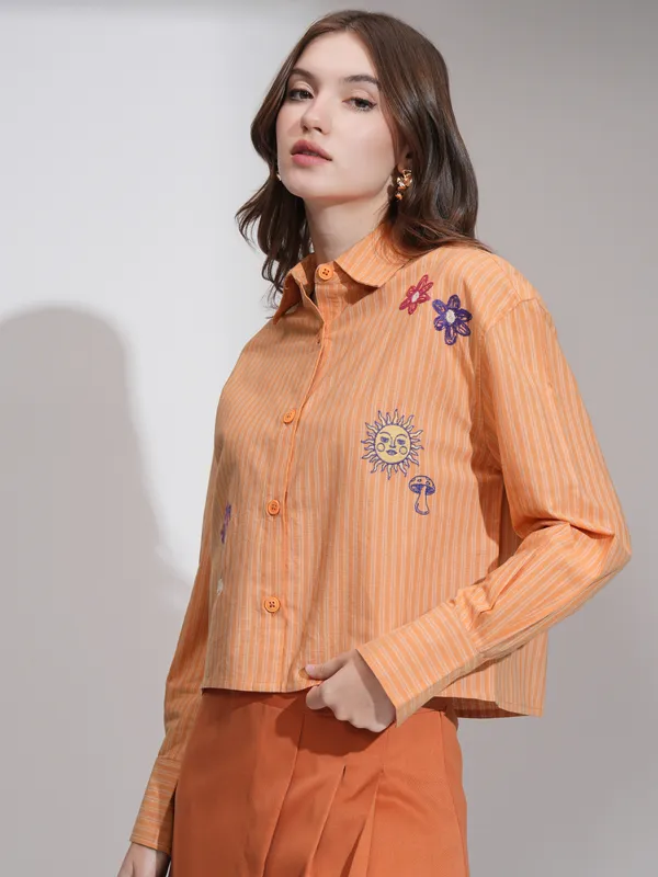 Tokyo Talkies Women Orange Self Design Boxy Casual Shirt
