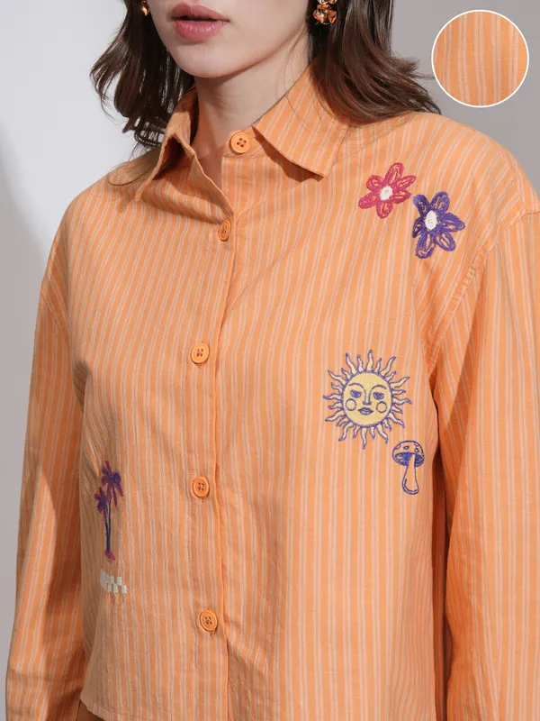 Tokyo Talkies Women Orange Self Design Boxy Casual Shirt