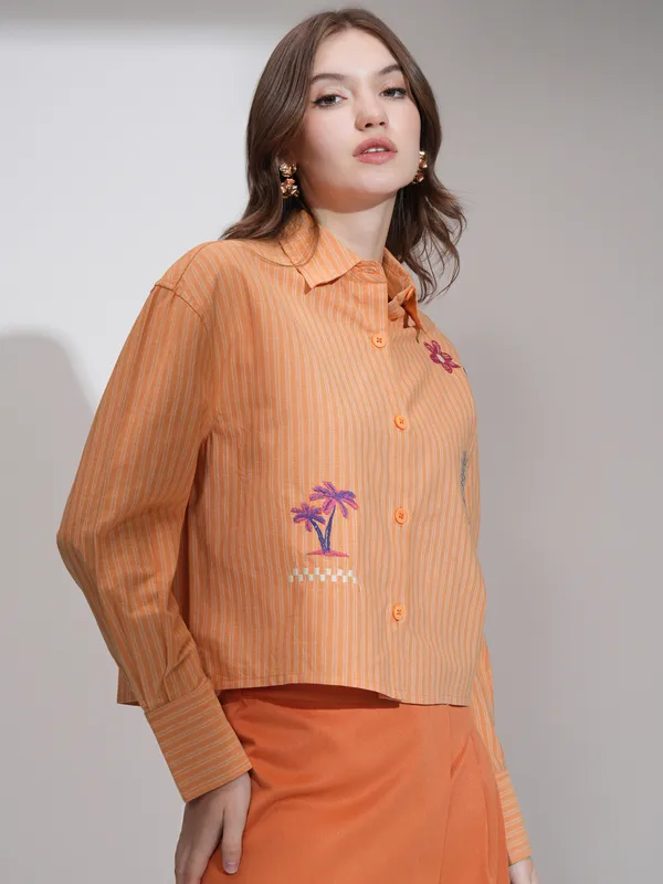 Tokyo Talkies Women Orange Self Design Boxy Casual Shirt