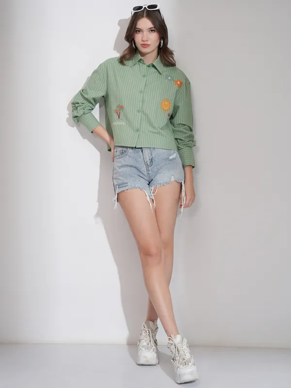 Tokyo Talkies Women Olive Self Design Boxy Casual Shirt