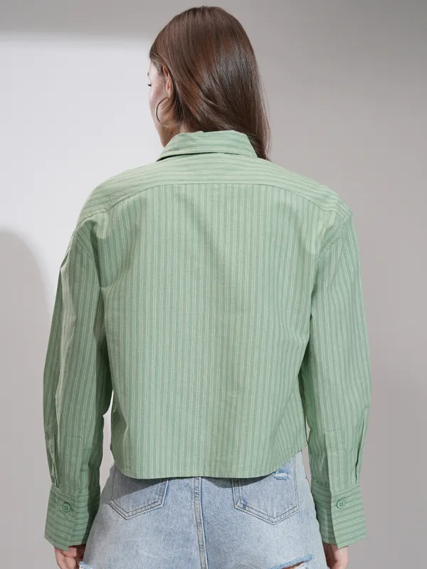 Tokyo Talkies Women Olive Self Design Boxy Casual Shirt