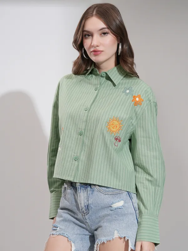 Tokyo Talkies Women Olive Self Design Boxy Casual Shirt