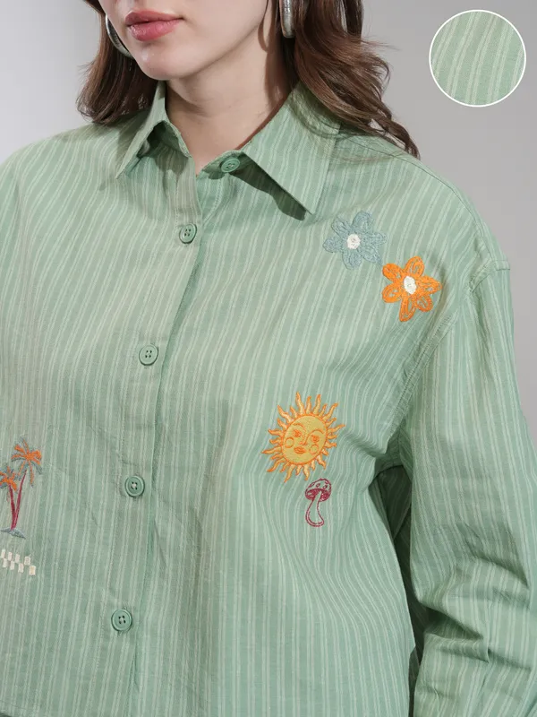 Tokyo Talkies Women Olive Self Design Boxy Casual Shirt