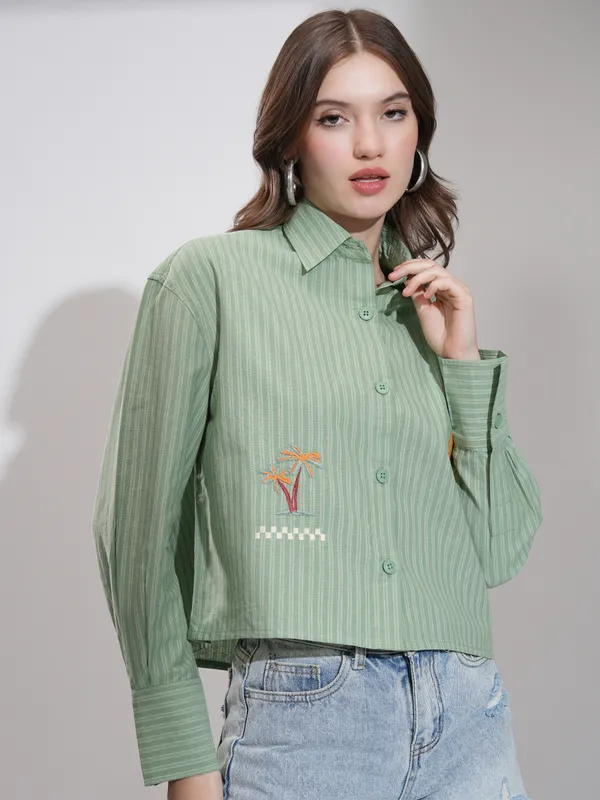 Tokyo Talkies Women Olive Self Design Boxy Casual Shirt
