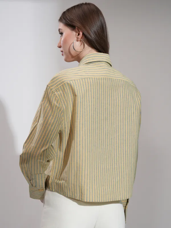 Tokyo Talkies Women Yellow Self Design Boxy Casual Shirt