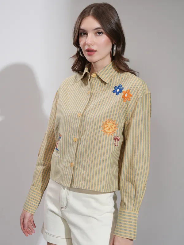 Tokyo Talkies Women Yellow Self Design Boxy Casual Shirt