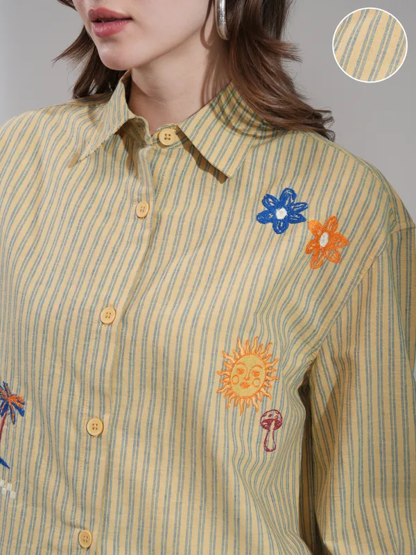 Tokyo Talkies Women Yellow Self Design Boxy Casual Shirt