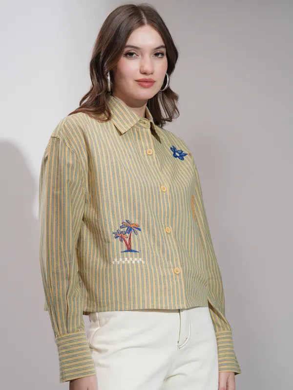 Tokyo Talkies Women Yellow Self Design Boxy Casual Shirt