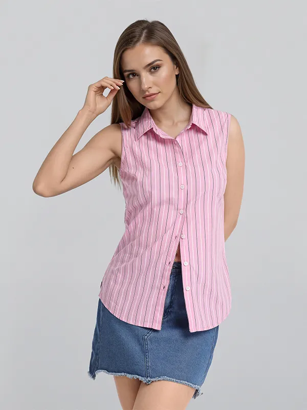Chic By Tokyo Talkies Women Pink Striped Casual Shirt