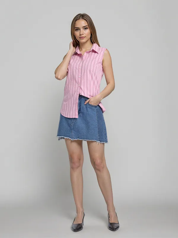 Chic By Tokyo Talkies Women Pink Striped Casual Shirt