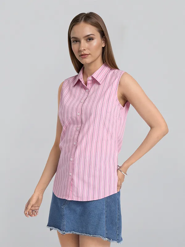 Chic By Tokyo Talkies Women Pink Striped Casual Shirt
