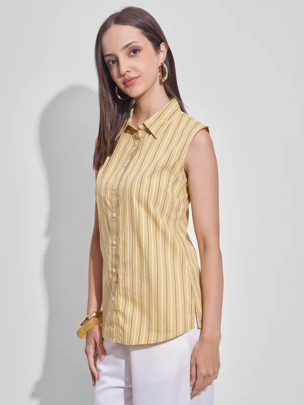 Tokyo Talkies Women Yellow Striped Casual Shirt