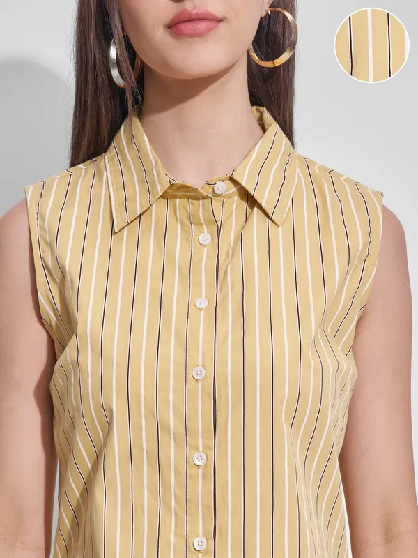 Tokyo Talkies Women Yellow Striped Casual Shirt