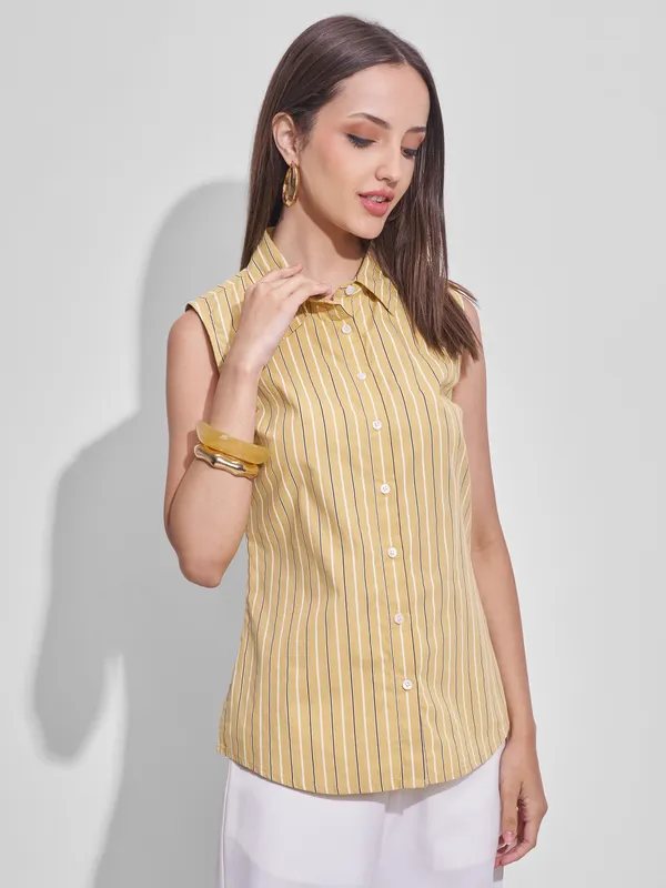 Tokyo Talkies Women Yellow Striped Casual Shirt