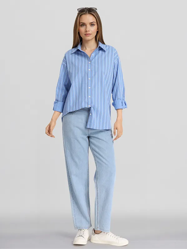 Chic By Tokyo Talkies Women Blue Striped Oversized Fit Casual Shirt