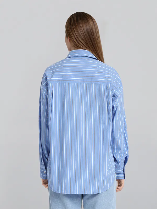 Chic By Tokyo Talkies Women Blue Striped Oversized Fit Casual Shirt
