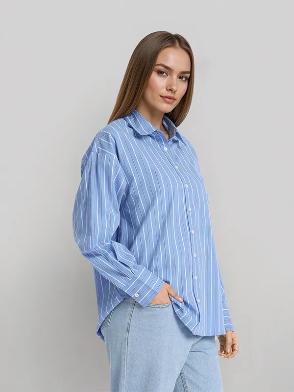 Chic By Tokyo Talkies Women Blue Striped Oversized Fit Casual Shirt