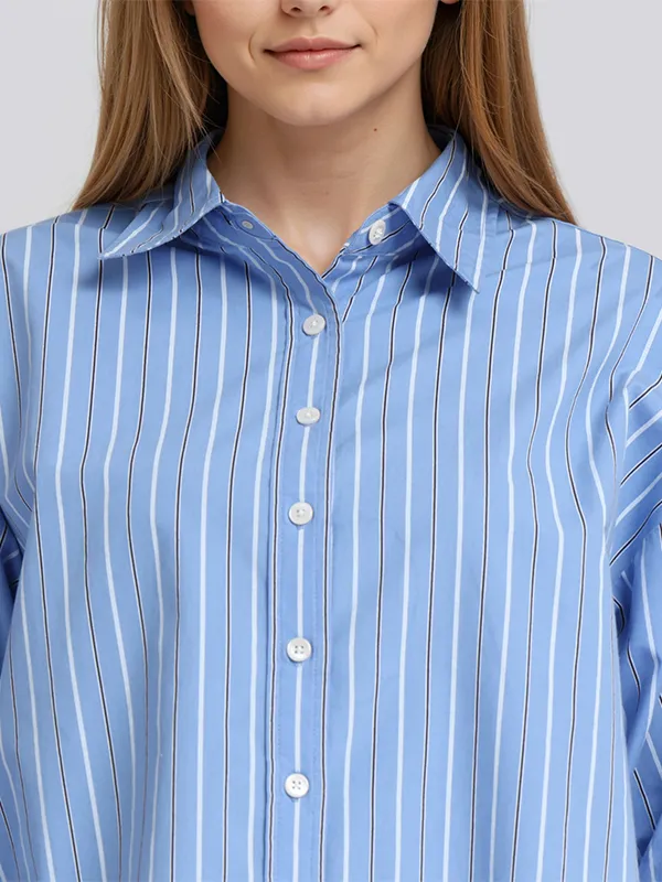 Chic By Tokyo Talkies Women Blue Striped Oversized Fit Casual Shirt