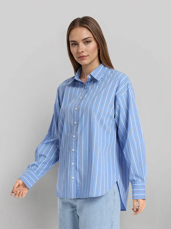 Chic By Tokyo Talkies Women Blue Striped Oversized Fit Casual Shirt