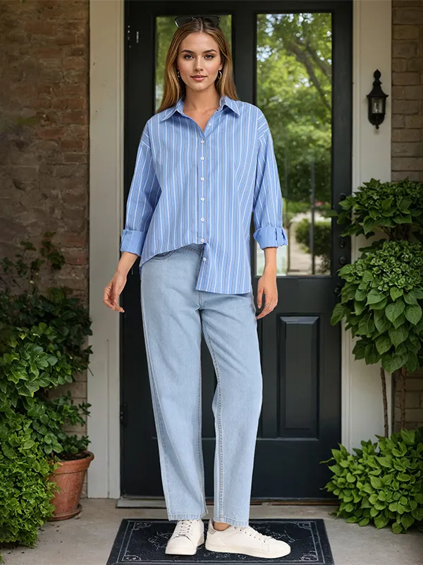 Chic By Tokyo Talkies Women Blue Striped Oversized Fit Casual Shirt