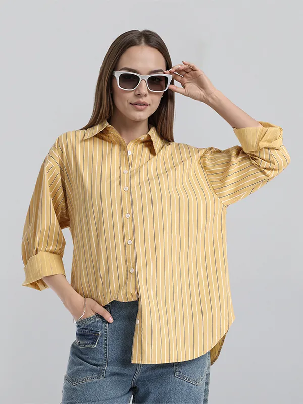 Chic By Tokyo Talkies Women Mustard Striped Oversized Fit Casual Shirt