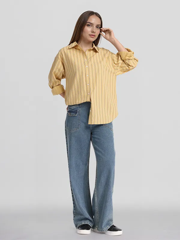 Chic By Tokyo Talkies Women Mustard Striped Oversized Fit Casual Shirt