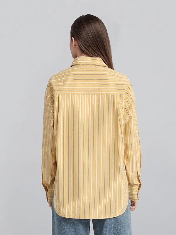 Chic By Tokyo Talkies Women Mustard Striped Oversized Fit Casual Shirt