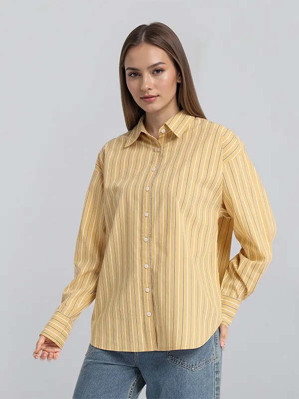 Chic By Tokyo Talkies Women Mustard Striped Oversized Fit Casual Shirt