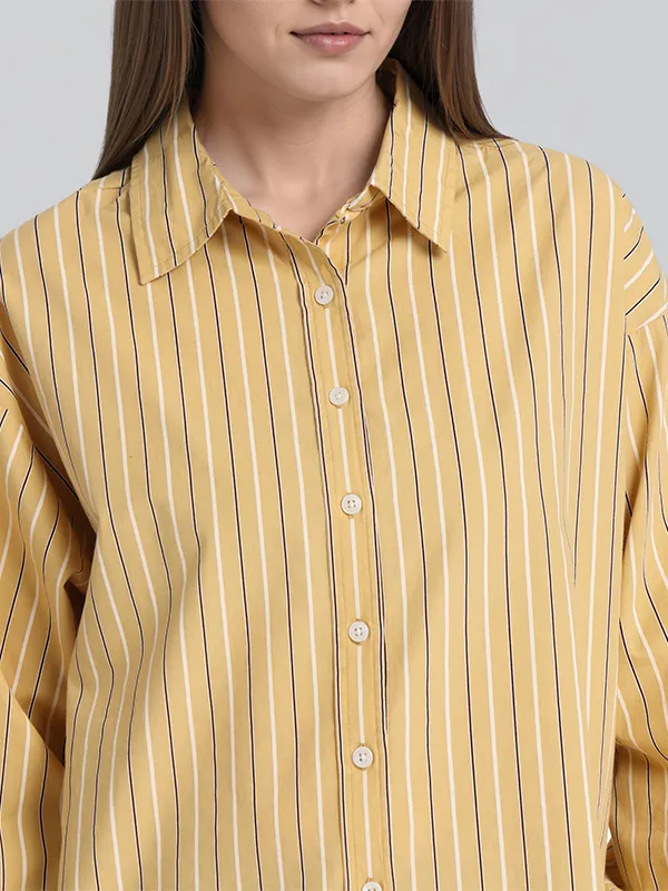 Chic By Tokyo Talkies Women Mustard Striped Oversized Fit Casual Shirt