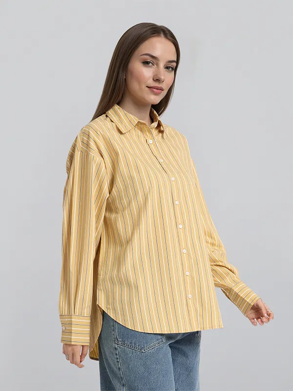 Chic By Tokyo Talkies Women Mustard Striped Oversized Fit Casual Shirt