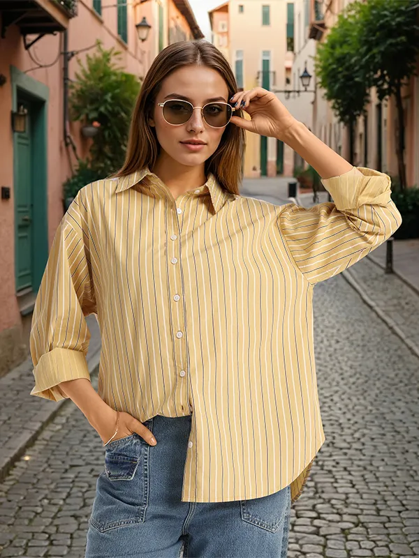 Chic By Tokyo Talkies Women Mustard Striped Oversized Fit Casual Shirt