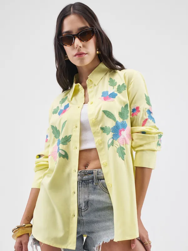 Tokyo Talkies Women Yellow Embroidered Casual Shirt