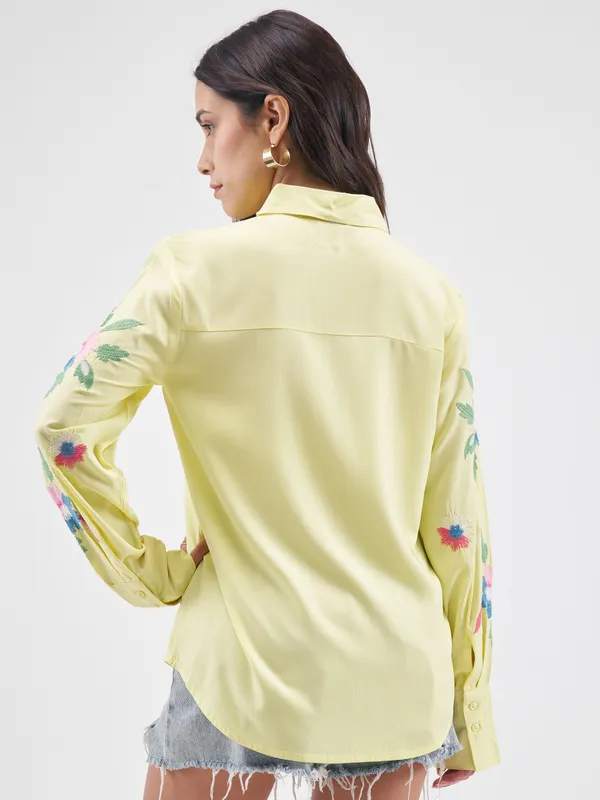 Tokyo Talkies Women Yellow Embroidered Casual Shirt