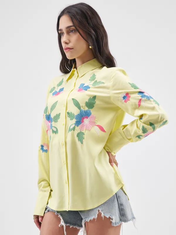 Tokyo Talkies Women Yellow Embroidered Casual Shirt