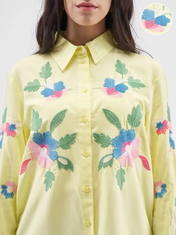 Tokyo Talkies Women Yellow Embroidered Casual Shirt