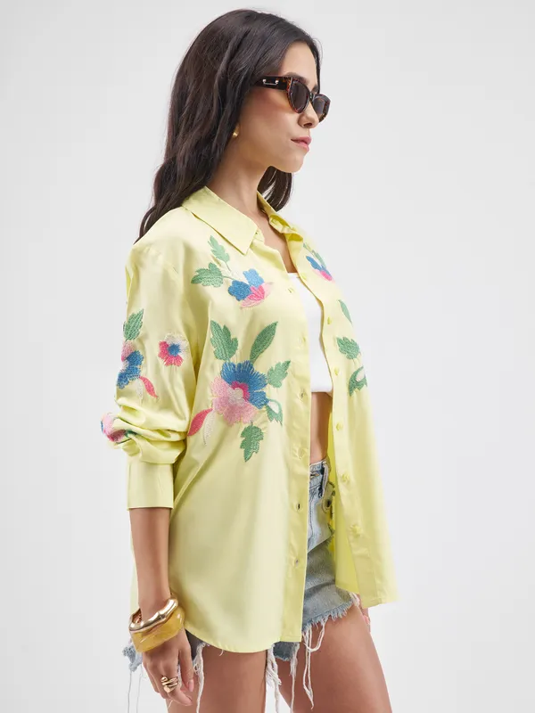 Tokyo Talkies Women Yellow Embroidered Casual Shirt