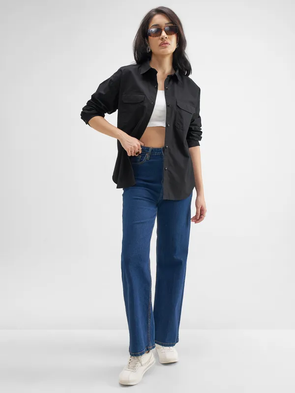 Tokyo Talkies Women Black Solid Casual Shirt