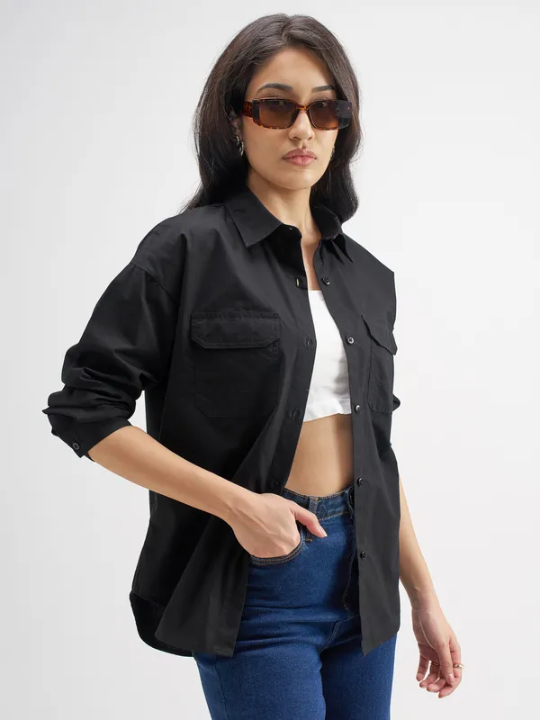 Tokyo Talkies Women Black Solid Casual Shirt