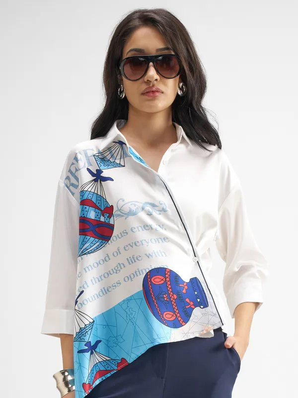 Tokyo Talkies Women White Printed Casual Shirt