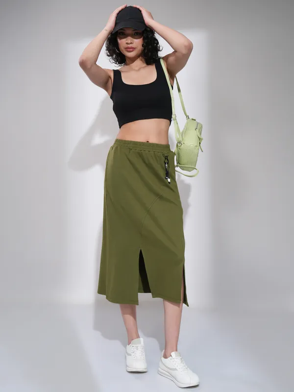 Tokyo Talkies Women Olive Midi Skirt